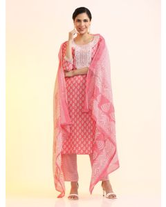 Embroidered Pure Cotton Floral Kurta Sets With Dupatta-JKSR30 Peach-XL