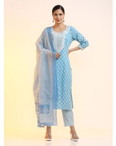 Embroidered Pure Cotton Floral Kurta Sets With Dupatta-JKSR30 Sky Blue-L
