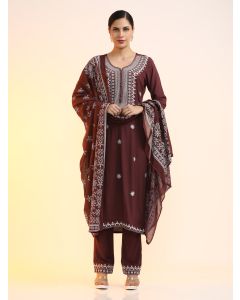 Embroidered Floral Straight Kurta Sets With Dupatta-JKSR31 Brown-L