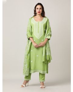 Embroidered Floral Straight Kurta Sets With Dupatta-JKSR31 Green-S