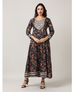 Embroidered Floral Flared Ethnic dresses-JKSR32 Black