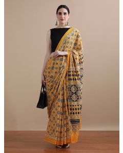 Mulmul Cotton Floral Printed Saree-JPAM_S_0079 Mustard
