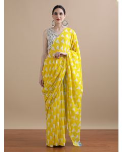 Mulmul Cotton Geometric Printed Saree-JPAM_S_0133 Yellow