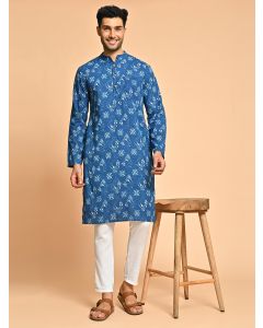 Blue Cotton Ethnic Block Printed Festive Short Kurta 
