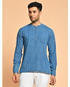Geometric Print Mandarin Collar Cotton Kurta For Men-JPAM006 Blue-L