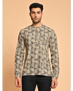 Floral Print Mandarin Collar Cotton Kurta For Men-JPAM007 Brown