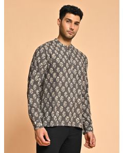 Floral Print Mandarin Collar Cotton Kurta For Men-JPAM010 Brown