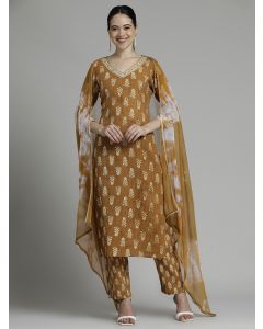 Brown Ethnic Motif Printed Pure Cotton Suit Set 