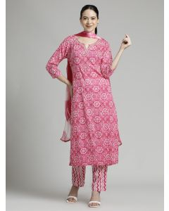 Ethnic Printed Cotton Pink Kurta Set With Dupatta