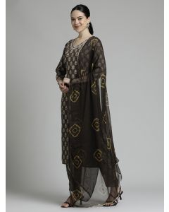 Brown Ethnic Printed Kurta Set With Tie-Dye Dupatta