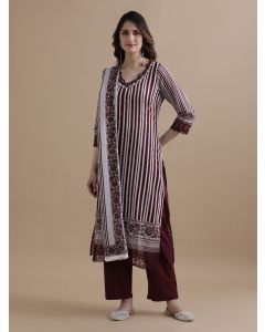 Violet Striped Printed Thread Work Pure Cotton Kurta With Pant & Mulmul Dupatta