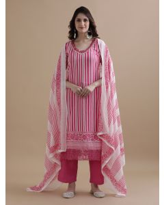 Pink Striped Printed Thread Work Pure Cotton Kurta With Pant & Mulmul Dupatta
