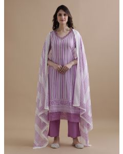 Purple Striped Printed Thread Work Pure Cotton Kurta With Pant & Mulmul Dupatta