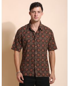 Pure Cotton Printed Casual Indie Shirt-JPAM087 Brown