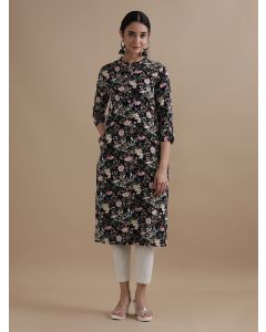 Navy Blue Floral Printed Straight Kurta