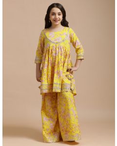 Girls Pure Cotton Floral Embroidered Anarkali Kurta With Sharara-JPAM096