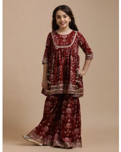 Girls Pure Cotton Floral Embroidered Anarkali Kurta With Sharara-JPAM097