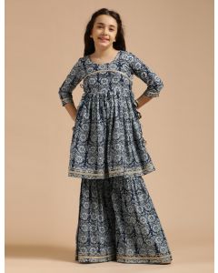 Girls Pure Cotton Floral Embroidered Anarkali Kurta With Sharara-JPAM098