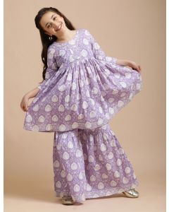 Girls Pure Cotton Floral Embroidered Anarkali Kurta With Sharara-JPAM100