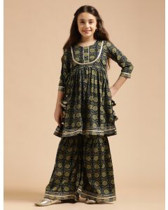 Girls Pure Cotton Floral Embroidered Anarkali Kurta With Sharara-JPAM101