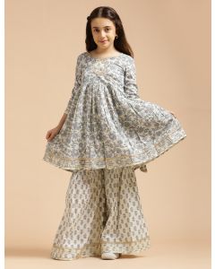 Girls Pure Cotton Floral Embroidered Anarkali Kurta With Sharara-JPAM102