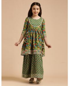 Girls Pure Cotton Floral Embroidered Anarkali Kurta With Sharara-JPAM103