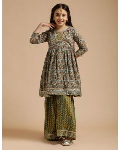Girls Pure Cotton Floral Embroidered Anarkali Kurta With Sharara-JPAM109