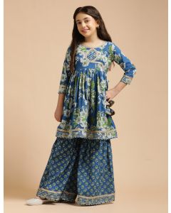 Girls Pure Cotton Floral Embroidered Anarkali Kurta With Sharara-JPAM110