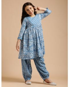 Girls Pure Cotton Floral Embroidered Anarkali Kurta With Salwar-JPAM115