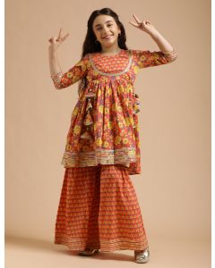 Girls Pure Cotton Floral Embroidered Anarkali Kurta With Sharara-JPAM116