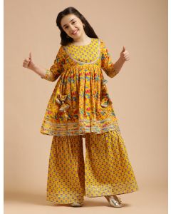 Girls Pure Cotton Floral Embroidered Anarkali Kurta With Sharara-JPAM117