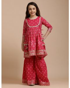 Girls Pure Cotton Floral Embroidered Anarkali Kurta With Sharara-JPAM120