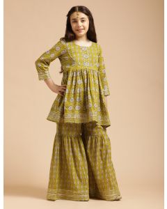 Girls Pure Cotton Floral Embroidered Anarkali Kurta With Sharara-JPAM122