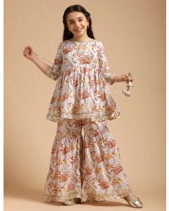 Girls Pure Cotton Floral Embroidered Anarkali Kurta With Sharara-JPAM124