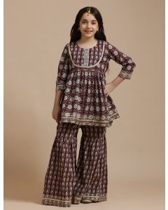 Girls Pure Cotton Floral Embroidered Anarkali Kurta With Sharara-JPAM128