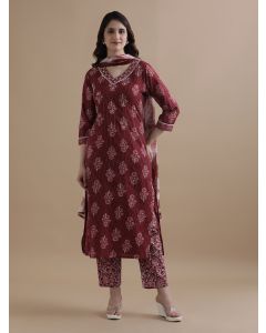 Maroon Floral Printed Kantha Work Pure Cotton Kurta With Pant & Chiffon Dupatta