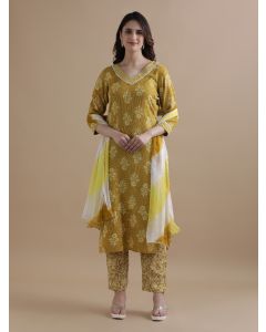 Mustard Floral Printed Kantha Work Pure Cotton Kurta With Pant & Chiffon Dupatta
