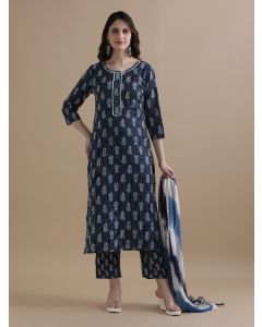Floral Printed Kantha Work Pure Cotton Navy Blue Kurta With Pant & Chiffon Dupatta