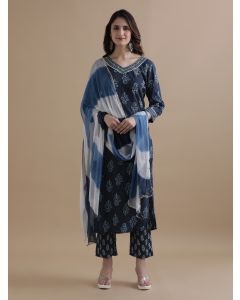 Navy Blue Floral Printed Kantha Work Pure Cotton Kurta With Pant & Chiffon Dupatta
