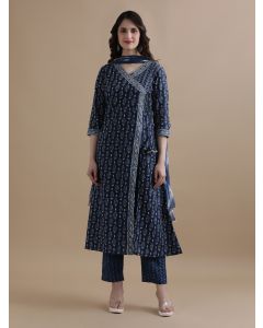 Navy Blue Angrakha Style Floral Printed Mirror Work Pure Cotton Kurta With Pant & Chiffon Dupatta