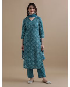 Blue Floral Printed Gotta Patti Pure Cotton Kurta With Pant & Chiffon Dupatta