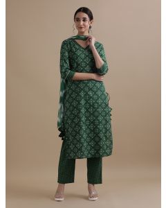 Green Floral Printed Gotta Patti Pure Cotton Kurta With Pant & Chiffon Dupatta