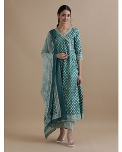 Teal Angrakha Style Floral Printed Thread Work Pure Cotton Kurta With Pant & Chiffon Dupatta