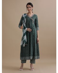Green Angrakha Style Floral Printed Thread Work Pure Cotton Kurta With Pant & Chiffon Dupatta