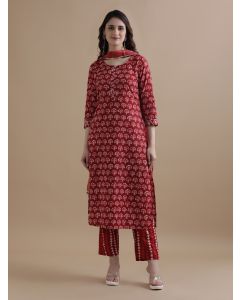 Red Floral Printed Gotta Patti Pure Cotton Kurta With Pant & Chiffon Dupatta