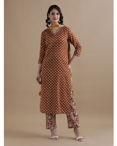 Mustard Floral Printed Thread Work Pure Cotton Kurta With Pant & Chiffon Dupatta