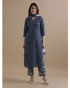 Navy Blue Floral Printed Thread Work Pure Cotton Kurta With Pant & Chiffon Dupatta