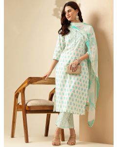 Floral Printed Straight Pure Cotton Kurta & Trousers Sets-JPAM164 White