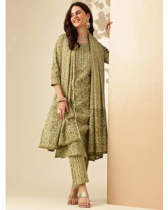 Floral Embroidered Straight Pure Cotton Kurta & Trousers Sets-JPAM165 Olive