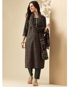Floral Embroidered Straight Pure Cotton Kurta & Trousers Sets-JPAM168 Green